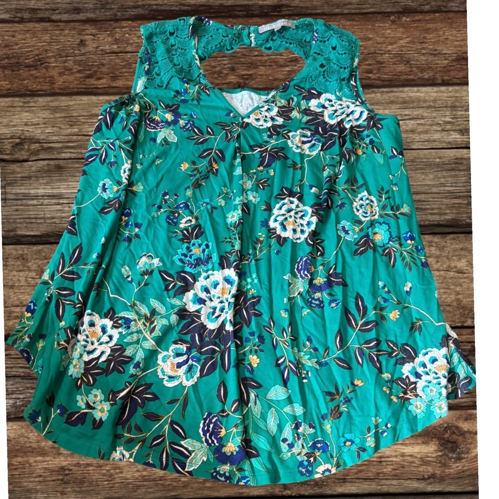 Daniel Rainn Teal Green Floral Crochet Lace Top Bohemian Feminine Botanical 1X - Picture 3 of 11